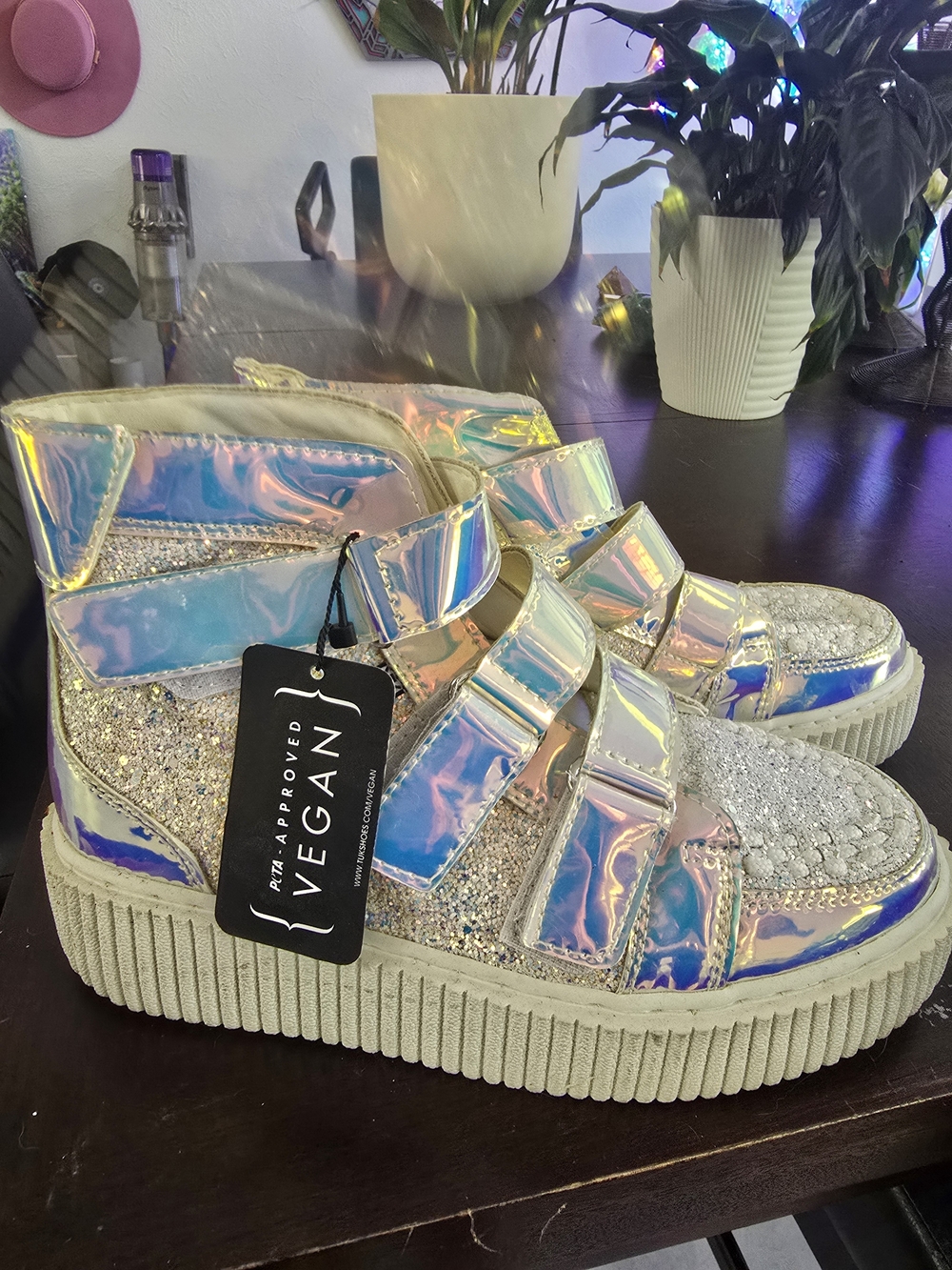 T.U.K. Holographic Glitter High Top Creeper Platform Shoes Vegan Size 9